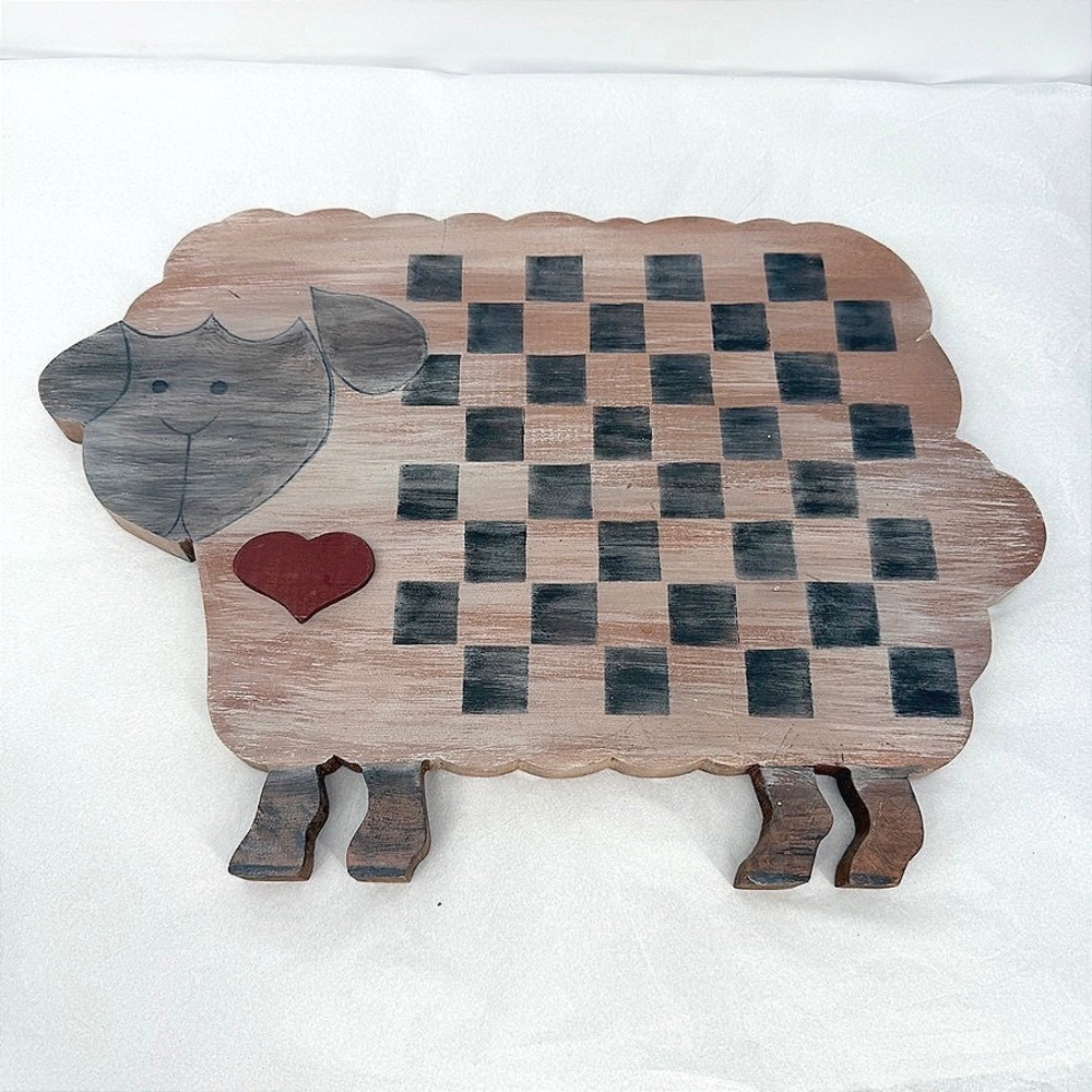 Checkerboard Wall Plaque Wooden Sheep Checkered Heart Primitive Farmhouse Decor